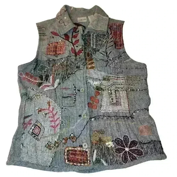Chicos Vest Small Patchwork Embroidered Sashiko Eccentric Boho Friends 90s Art - Picture 1 of 16